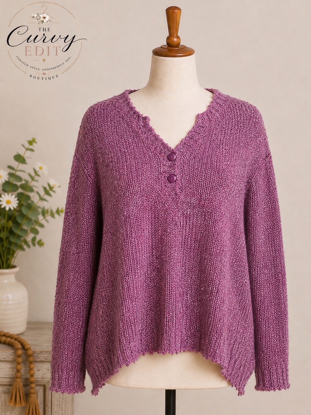Dressbarn Woman 3X Purple Marled Knit Henley Sweater Long Sleeve Cozy